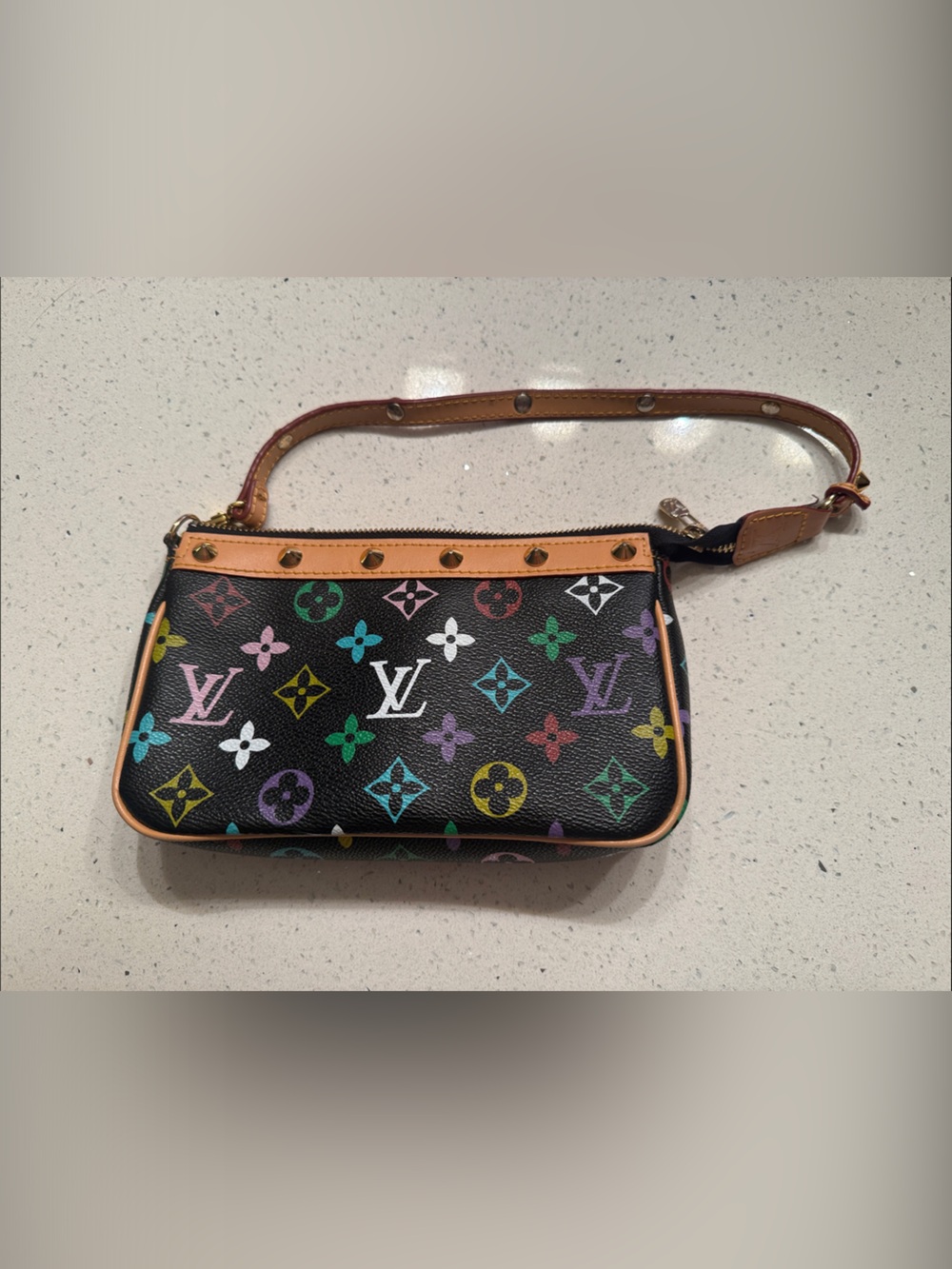 Black Multicolor Monogram Wristlet with Tan Trim